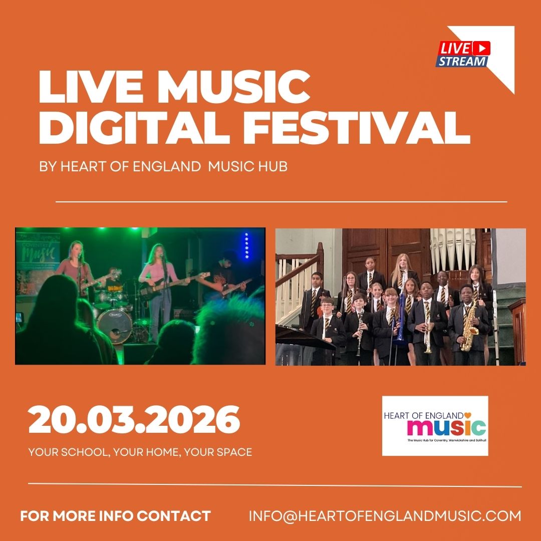 images of young people playing in a rock band and standing in school unform holding woodwind and brass instruments, with the words Live Music Digital Festival 20 March 2026