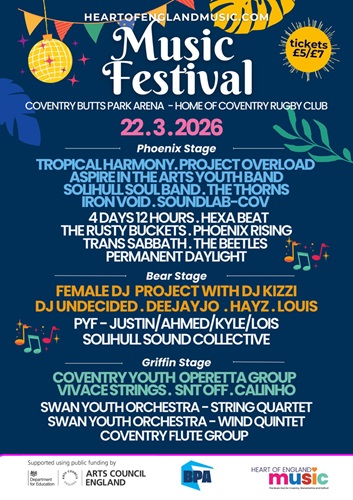 festival line up flyer with disco ball and colourful festival flags. Full line up