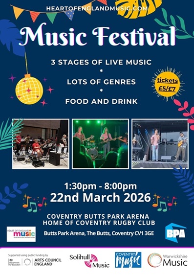 festival flyer. Dark blue background with images of colourful bunting and tropical plants and images of young bands performing on stage