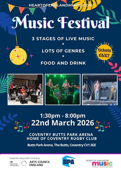 festival flyer. Dark blue background with images of colourful bunting and tropical plants and images of young bands performing on stage