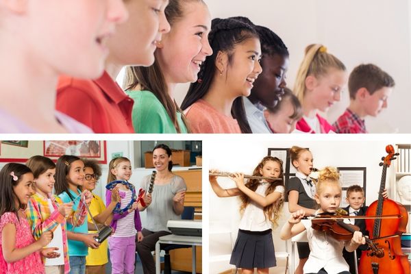 images of school aged children singing and playing musical instruments